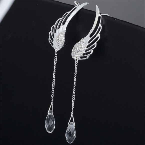 Angel Wings Water Drop Crystal Clip On Earrings - Picture 3 of 12